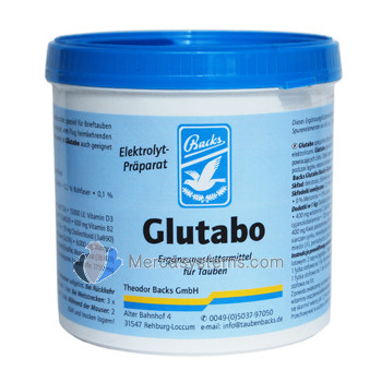 Backs Glutabo 500 gr, ( Sucre de glucose , renforcer avec des vitamines , des oligo-éléments et d'électrolytes ) . Une récupération rapide et totale . Racing Pigeons produits 