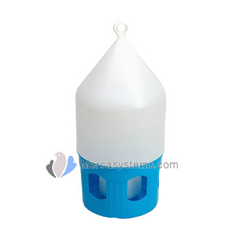 Plastique buveur fontaine de 3.5L avec poignée de levage pour les pigeons, base bleue avec couvercle transparent
